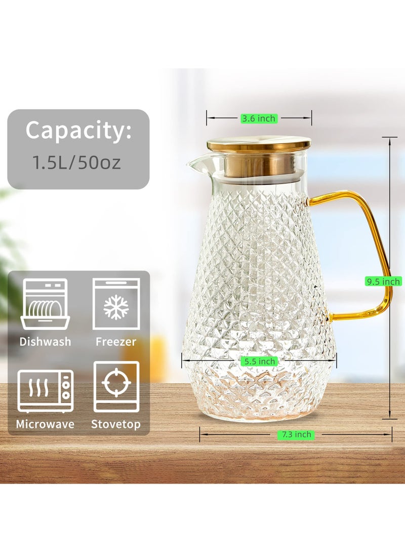 SYOSI Glass Pitcher, 50oz/1.5 L Glass Water Jug, Modern Style Borosilicate Glass Jug with Metal Lid & Spout for Tea/Juice/Beverage/Coffee/Milk, Cold and Heat resistance