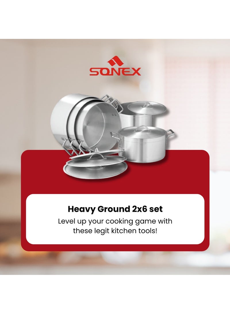 Sonex Heavy Ground Set Premium Cookware Bundle for Superior Cooking Performance, Heavy-Ground Surface, Commercial Use Stock Pot, Large Set, Versatile Cooking, Durable Lid And Handle, Metal Finish