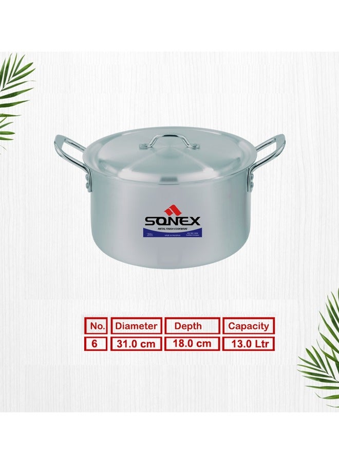 Sonex Classic Cooking Pot No.6 – 31 cm Diameter, 13 Liter Capacity, Aluminum Construction, Stainless Steel Handles, Includes Lid