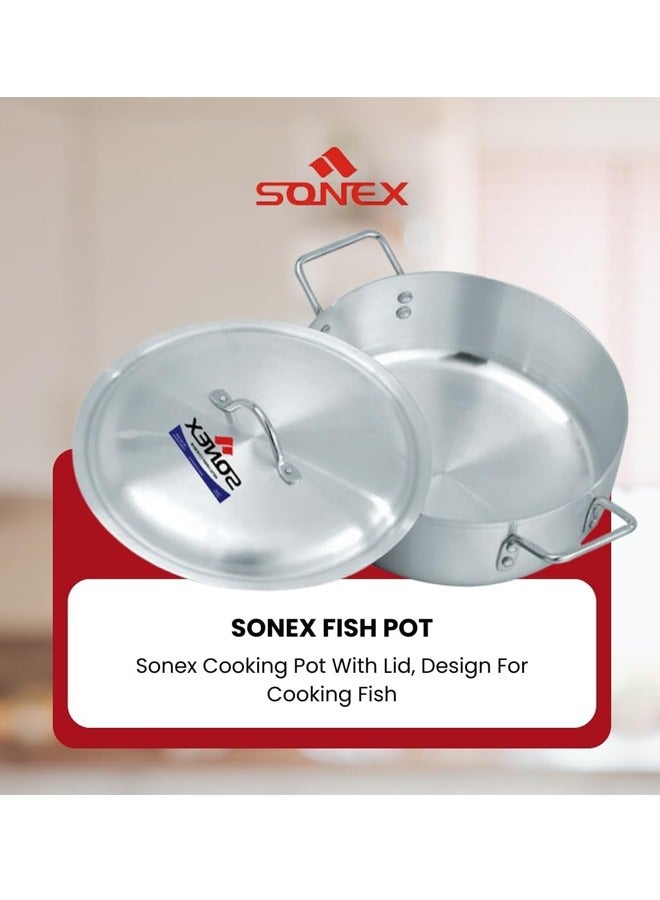 Sonex Fish Pot No. 4 (31 cm & 8 Ltr), Shallow Cooking Pot With Lid, Premium Aluminum,Excellent Heat Distribution, Ergonomic Handles, Dishwasher Safe, Metal Finish, Silver