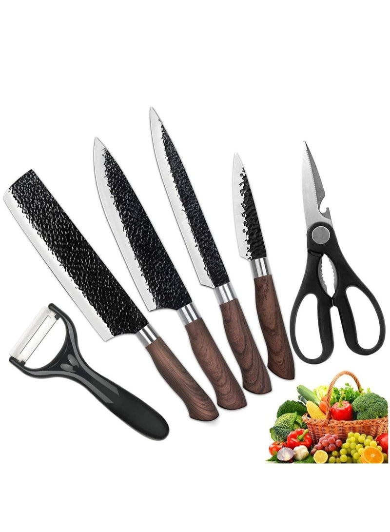 6 Pcs Kitchen Knife Set, Sharp Stainless Steel Kitchen Knives with Peeler, Non-stick Ripple Pattern Sharp Blades with Safe and Sturdy Handles for Slicing, Chopping, Cutting Black