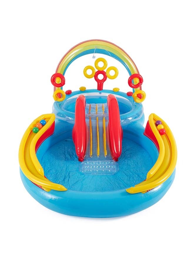 Intex 57453EP 9.75 Foot x 6.3 Foot x 53 Inch Multicolor Rainbow Slide Kids Inflatable Pool with Water Slide and Ring Toss for Children Ages 5 and Up