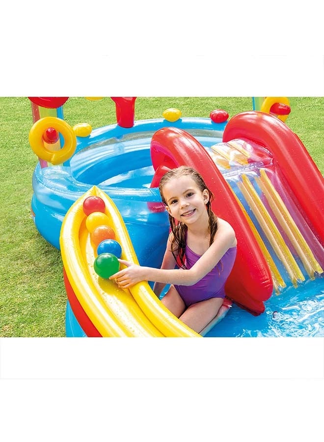 Intex 57453EP 9.75 Foot x 6.3 Foot x 53 Inch Multicolor Rainbow Slide Kids Inflatable Pool with Water Slide and Ring Toss for Children Ages 5 and Up