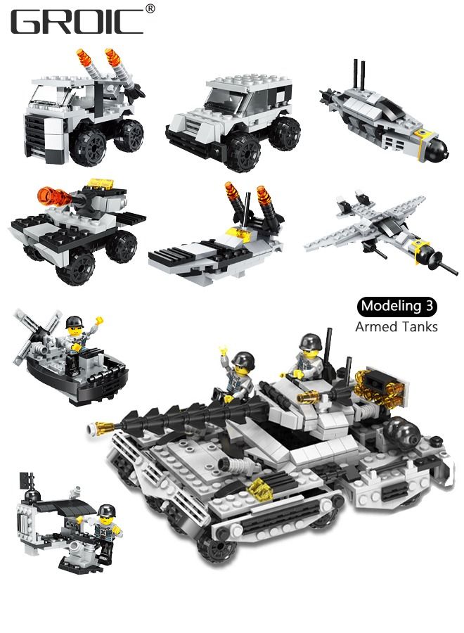 545Pcs Military Battleship Building Blocks Set, 8-in-1 Naval Battleship Model Building Toy Compatible Bricks Kit with Army Vehicles, Helicopter, Jet & Boats,STEM Construction Toy Gift