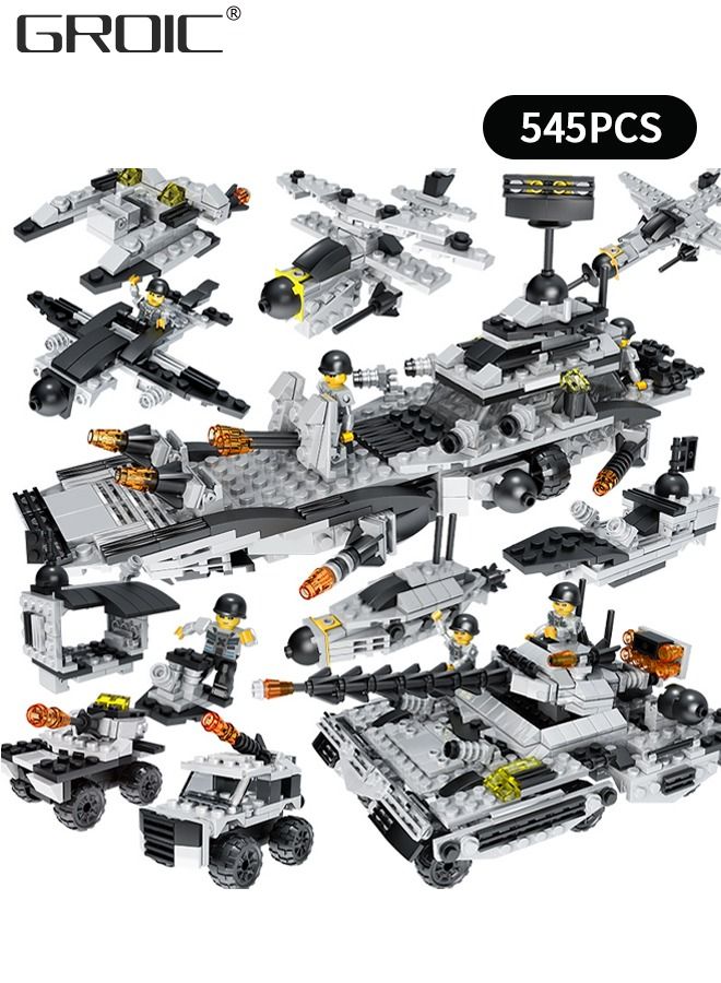 545Pcs Military Battleship Building Blocks Set, 8-in-1 Naval Battleship Model Building Toy Compatible Bricks Kit with Army Vehicles, Helicopter, Jet & Boats,STEM Construction Toy Gift