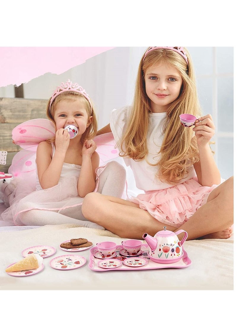Tea Set for Little Girls Pink Tin Tea Party Set for Toddlers Afternoon Tea Time Playset with Metal Teapots Tea Cups Play Dishes Princess Toys with Carry Case Kids Kitchen Dress Up Play Tea Set