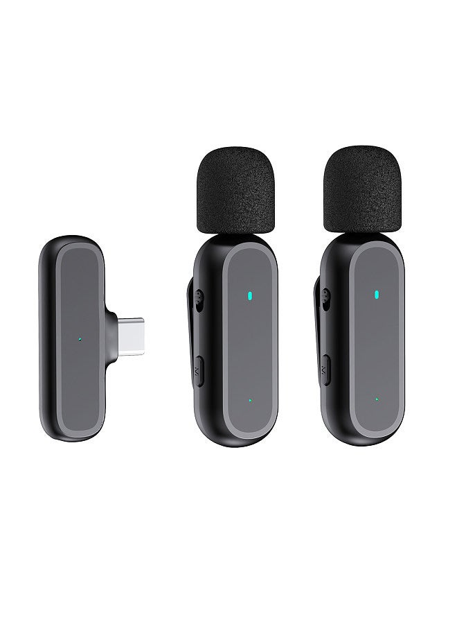 Portable One-trigger-Two Wireless Clip-on Microphone System for Type-C Android Phones Video Recording Mic 20M Transmission Range Built-in Battery with Charging Case for Vlog Live Streaming Interview