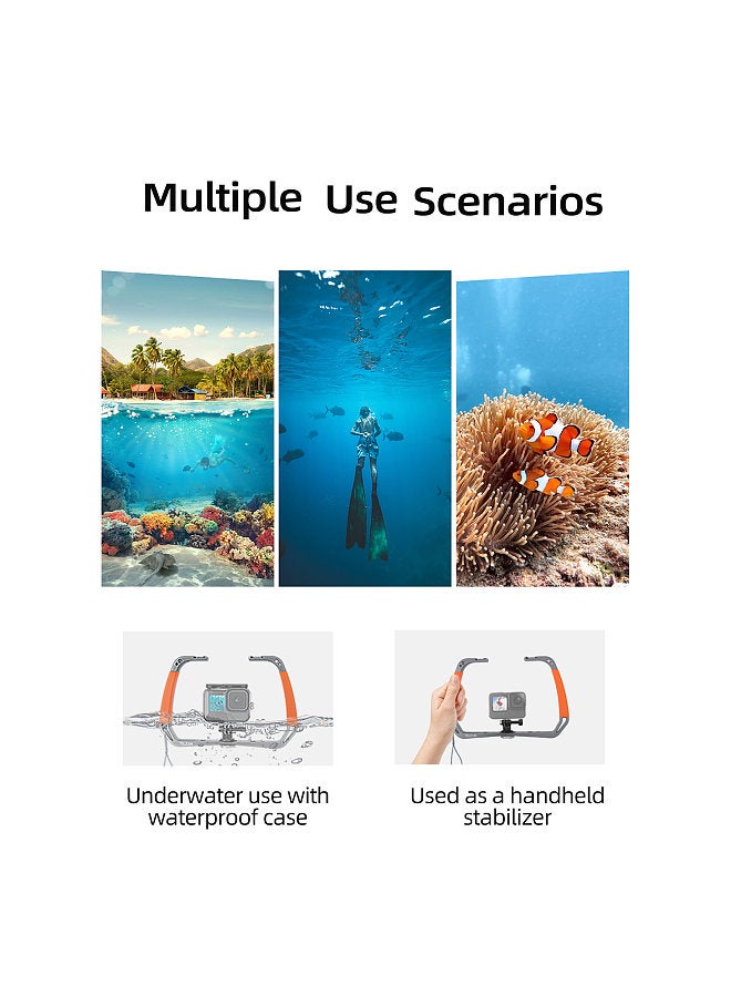 TE-HBM-002 Sports Camera Diving Rig Handheld Underwater Stabilizer Bracket Dual Handle Aluminum Alloy Action Camera Holder with Dual Cold Shoe Mounts 1/4 Inch & 3/8 Inch Screw Holes Replacement