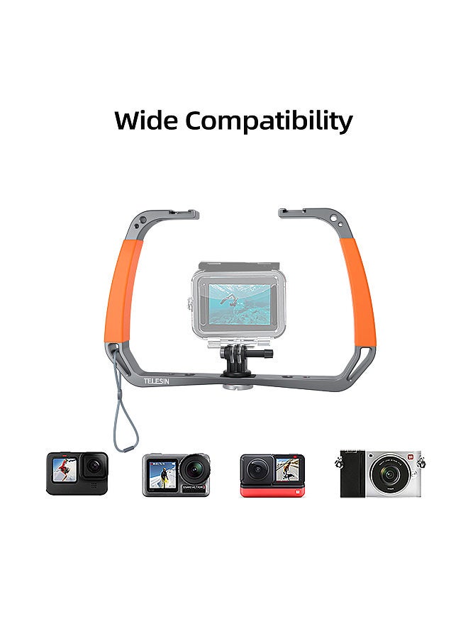 TE-HBM-002 Sports Camera Diving Rig Handheld Underwater Stabilizer Bracket Dual Handle Aluminum Alloy Action Camera Holder with Dual Cold Shoe Mounts 1/4 Inch & 3/8 Inch Screw Holes Replacement
