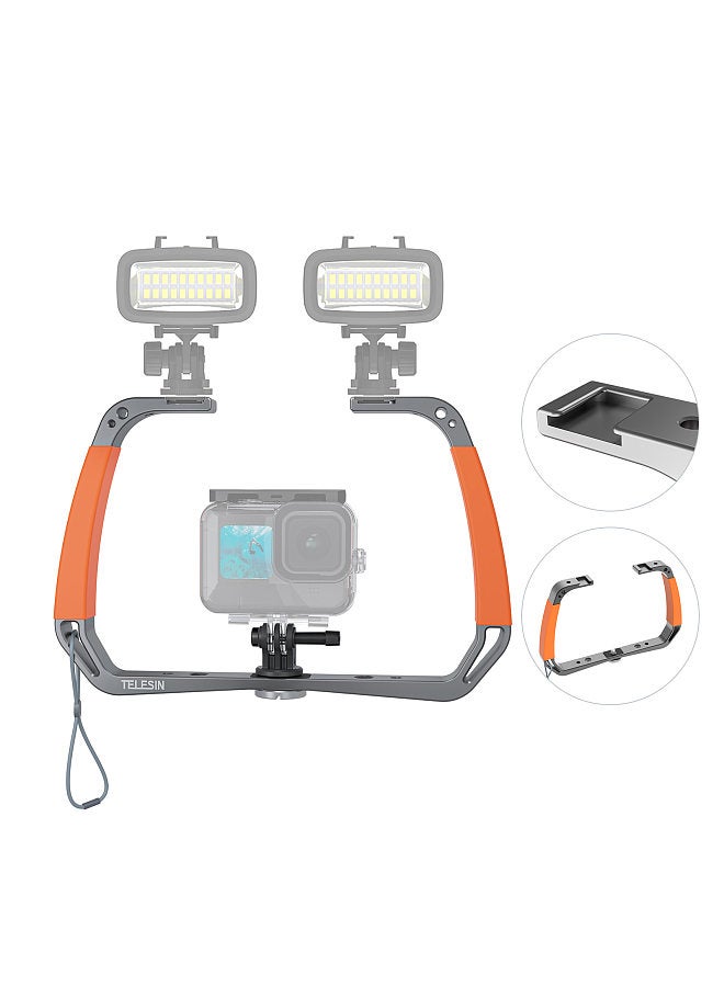 TE-HBM-002 Sports Camera Diving Rig Handheld Underwater Stabilizer Bracket Dual Handle Aluminum Alloy Action Camera Holder with Dual Cold Shoe Mounts 1/4 Inch & 3/8 Inch Screw Holes Replacement