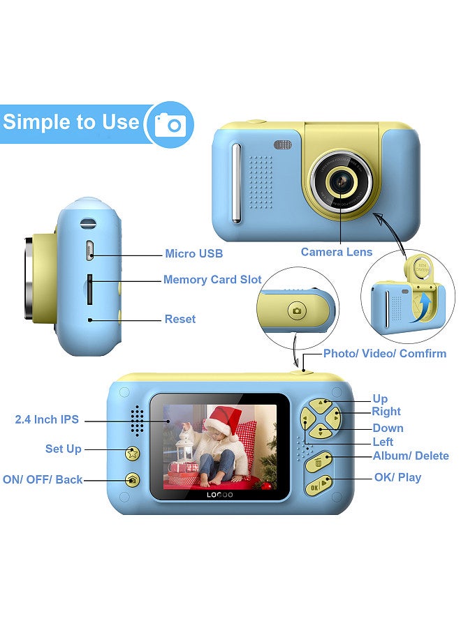 1080P Kids Digital Camera Mini Video Camera for Kids 40MP 2.4 Inch IPS Screen 180° Rotatable Lens Built-in Battery Cute Photo Frames Fun Games