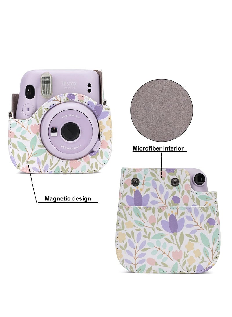Camera Bag Compatible with Fujifilm Instax Mini 11 Instant Camera Protective Bag Vintage Floral Pu Leather Camera Organizer with Shoulder Strap Purple Floral Camera Bag