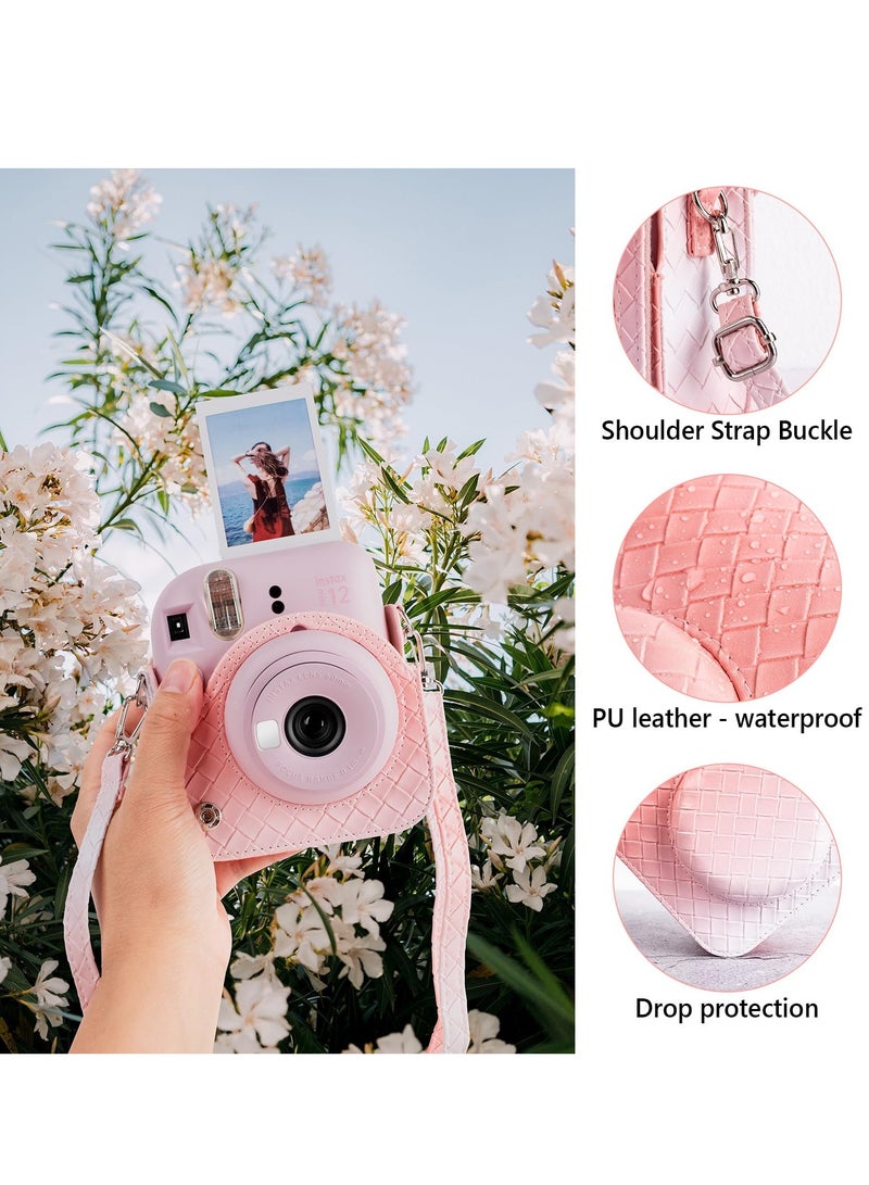 Gradient Weave PU Leather Case for Fujifilm/Polaroid Instax Mini 12 - Stylish Protective Camera Cover with Shoulder Strap - Pink