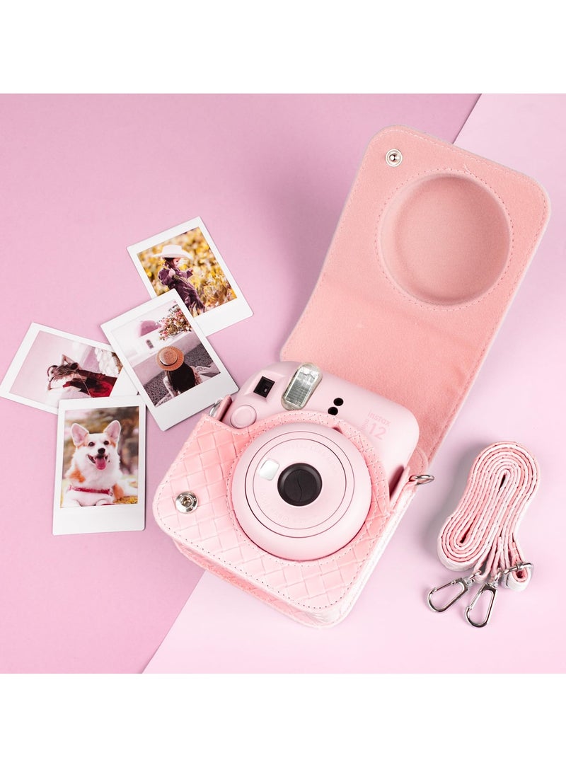 Gradient Weave PU Leather Case for Fujifilm/Polaroid Instax Mini 12 - Stylish Protective Camera Cover with Shoulder Strap - Pink