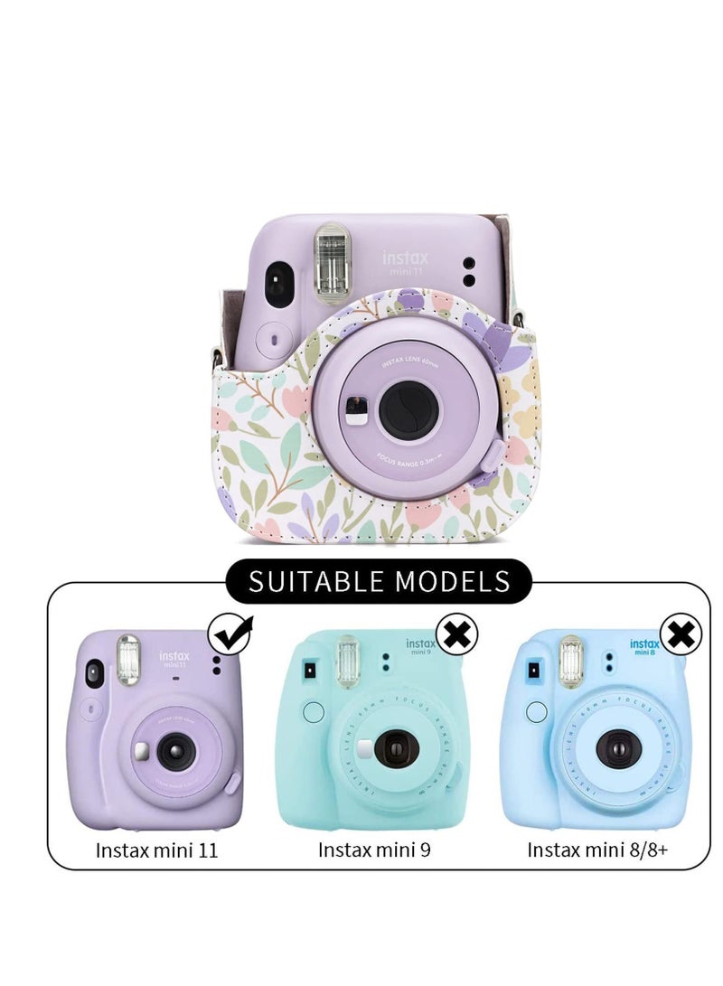 Camera Bag Compatible with Fujifilm Instax Mini 11 Instant Camera Protective Bag Vintage Floral Pu Leather Camera Organizer with Shoulder Strap Purple Floral Camera Bag