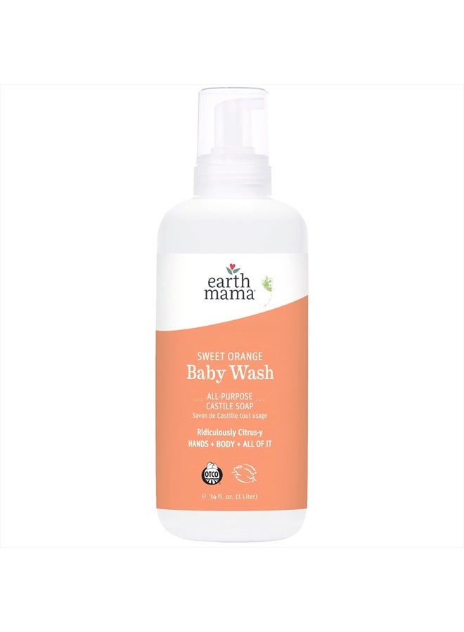 Sweet Orange Baby Wash Liquid Foaming Hand Soap Refill, Organic All Purpose Body Wash for Sensitive Skin, Castile Soap with Coconut Oil, Shea Butter, Calendula, & Aloe, 34 fl oz
