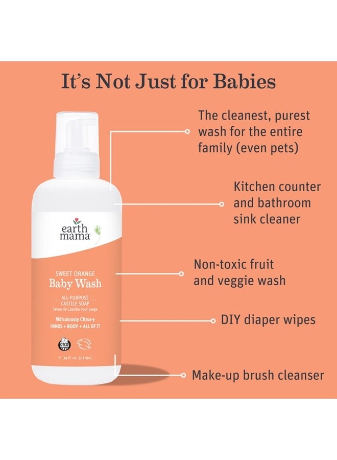 Sweet Orange Baby Wash Liquid Foaming Hand Soap Refill, Organic All Purpose Body Wash for Sensitive Skin, Castile Soap with Coconut Oil, Shea Butter, Calendula, & Aloe, 34 fl oz