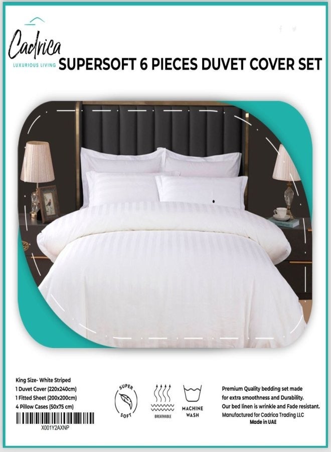 King Size 6 Pieces Hotel white Duvet Cover Set,Comforter cover Set includes 1 Cotton Duvet Cover 220x240cm (Without Filling) 1 Fitted Bed Sheet 200x200+30cm, 4 Pillow Cases 50x75cm (White Striped)