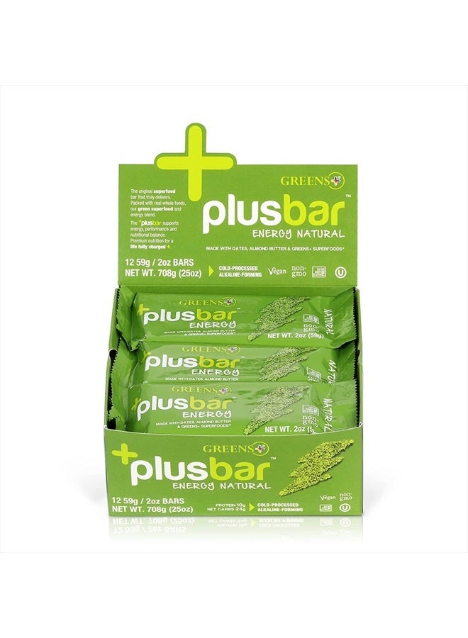 Plusbar Energy Bars, Natural, Gluten Free Healthy Snacks with Organic Super Greens, Superfoods & Almond Butter, Vegan, Dairy Free & Non GMO, 10g Protein Meal Replacement Bars, 12 Bars