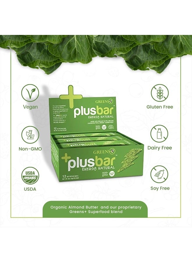 Plusbar Energy Bars, Natural, Gluten Free Healthy Snacks with Organic Super Greens, Superfoods & Almond Butter, Vegan, Dairy Free & Non GMO, 10g Protein Meal Replacement Bars, 12 Bars