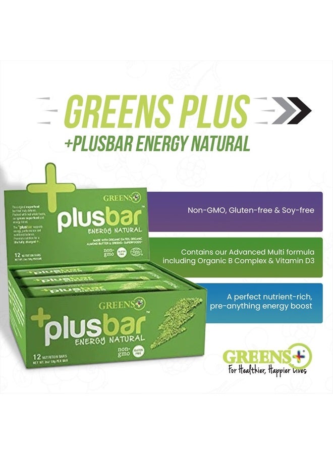 Plusbar Energy Bars, Natural, Gluten Free Healthy Snacks with Organic Super Greens, Superfoods & Almond Butter, Vegan, Dairy Free & Non GMO, 10g Protein Meal Replacement Bars, 12 Bars