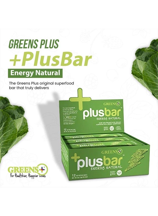 Plusbar Energy Bars, Natural, Gluten Free Healthy Snacks with Organic Super Greens, Superfoods & Almond Butter, Vegan, Dairy Free & Non GMO, 10g Protein Meal Replacement Bars, 12 Bars