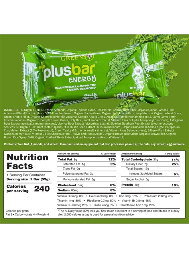 Plusbar Energy Bars, Natural, Gluten Free Healthy Snacks with Organic Super Greens, Superfoods & Almond Butter, Vegan, Dairy Free & Non GMO, 10g Protein Meal Replacement Bars, 12 Bars