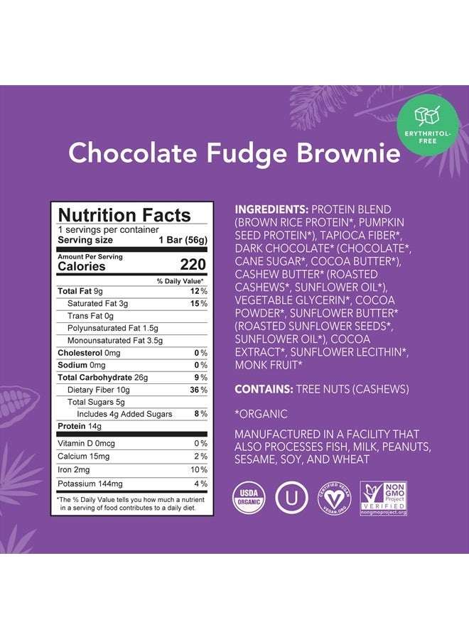 Organic Plant-Based Protein Bars Chocolate Fudge Brownie Vegan, Gluten-Free, Paleo, Low-Carb, Non-GMO, Soy-Free, 12 Count