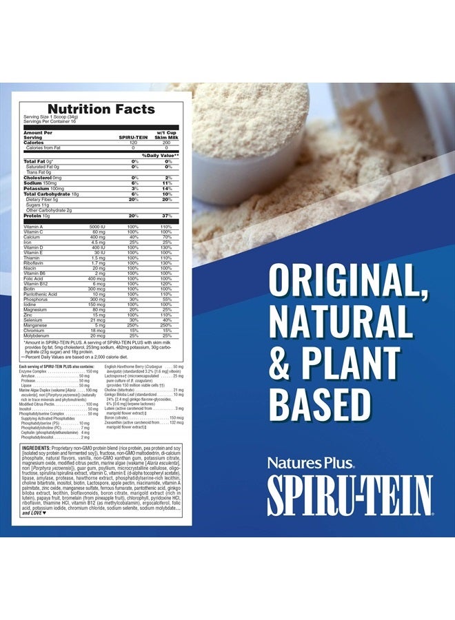 NaturesPlus SPIRU-TEIN Plus Shake For Mature Adults - Vanilla - 1.2 lbs, Protein Powder - Plant Based Meal Replacement, Vitamins & Minerals For Energy - Vegetarian, Gluten-Free - 16 Servings