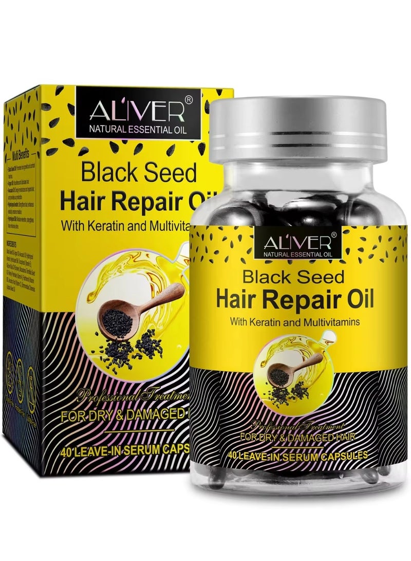 40 Pcs Black Seed Hair Repair Oil Capsules Organic Black Seed Oil with Keratin & Multivitamins Black Seed Hair Repair Oil Shines Nourishing Repair Dry & Damaged Hair Treatment Leave-In Serum