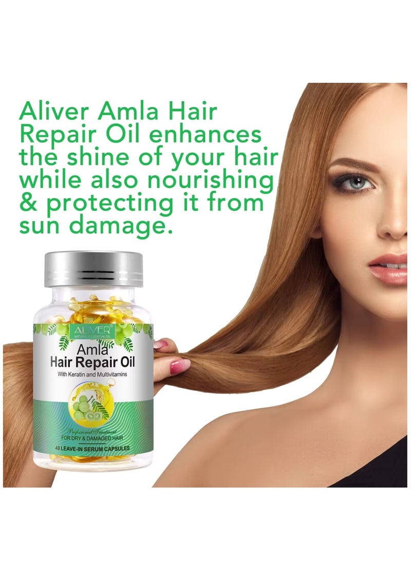 40 Pcs Amla Hair Repair Oil Capsules Organic Amla Oil with Keratin & Multivitamins Amla Hair Repair Oil Shines Nourishing Repair Dry & Damaged Hair Treatment Leave-In Serum