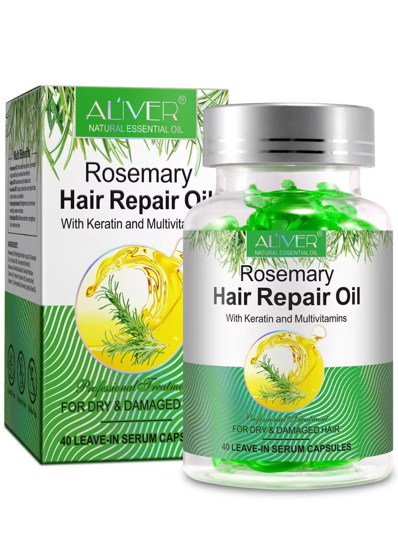 40 Pcs Rosemary Hair Repair Oil Capsules Organic Rosemary Essential Oil with Keratin & Multivitamins Rosemary Hair Repair Oil Shines Nourishing Repair Dry & Damaged Hair Treatment Leave-In Serum