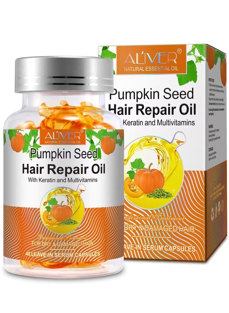 40 Pcs Pumpkin Seed Hair Repair Oil Capsules Organic Pumpkin Seed Oil with Keratin & Multivitamins Pumpkin Seed Hair Repair Oil Shines Nourishing Repair Dry & Damaged Hair Treatment Leave-In Serum