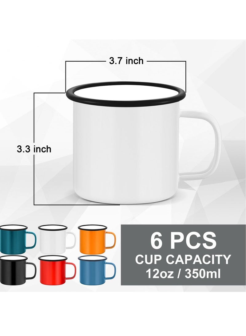 6 Pcs Enamel Camping Mugs 12 oz, Portable Camp Drinking Cups with Handle, Vintage Metal Mugs for Home, Office, School, Camping, and Party Supplies