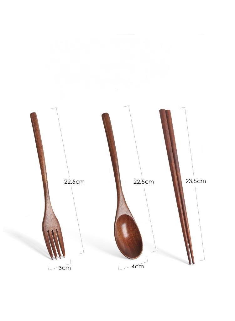 15-Piece Long Handled Solid Wood Adult Portable Tableware Set