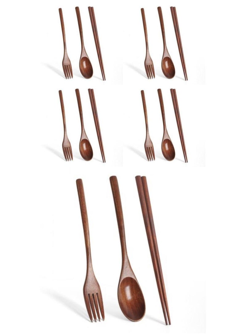 15-Piece Long Handled Solid Wood Adult Portable Tableware Set