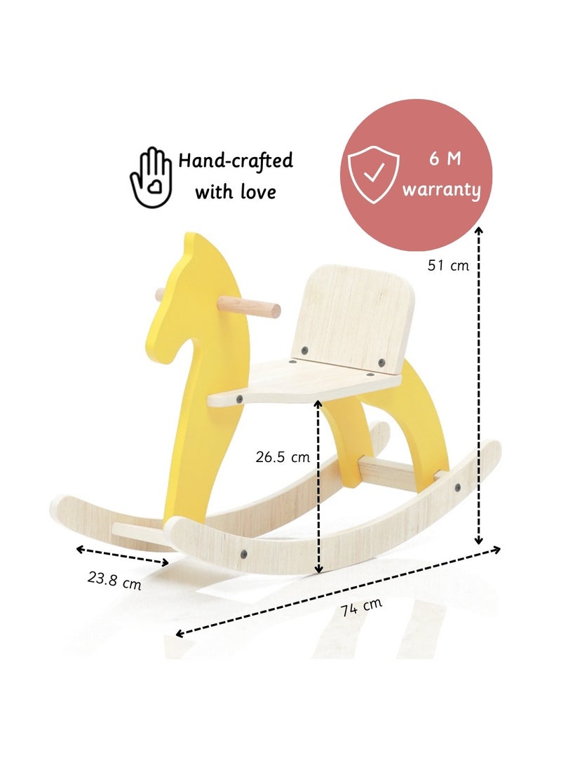 Traditional Rocking Horse- Wooden Portable Rock And Ride Toy, Balanced Ride On Pony with Adjustable Backrest And Guardrail Rocking Horse- Yellow