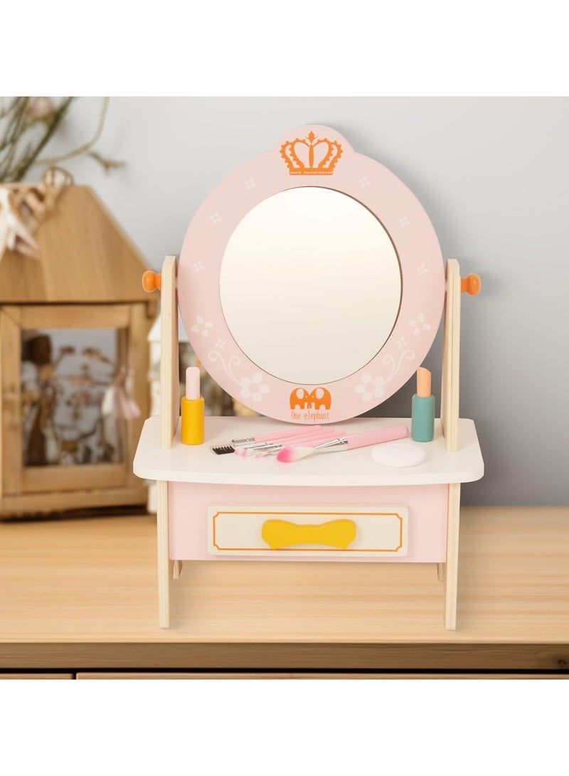 Wooden Vanity Set For Kids Pretend Play Toddler Makeup Vanity Table Toys With 360° Rotatable Mirror Beauty Salon Set Includes Makeup Accessories Little Girls