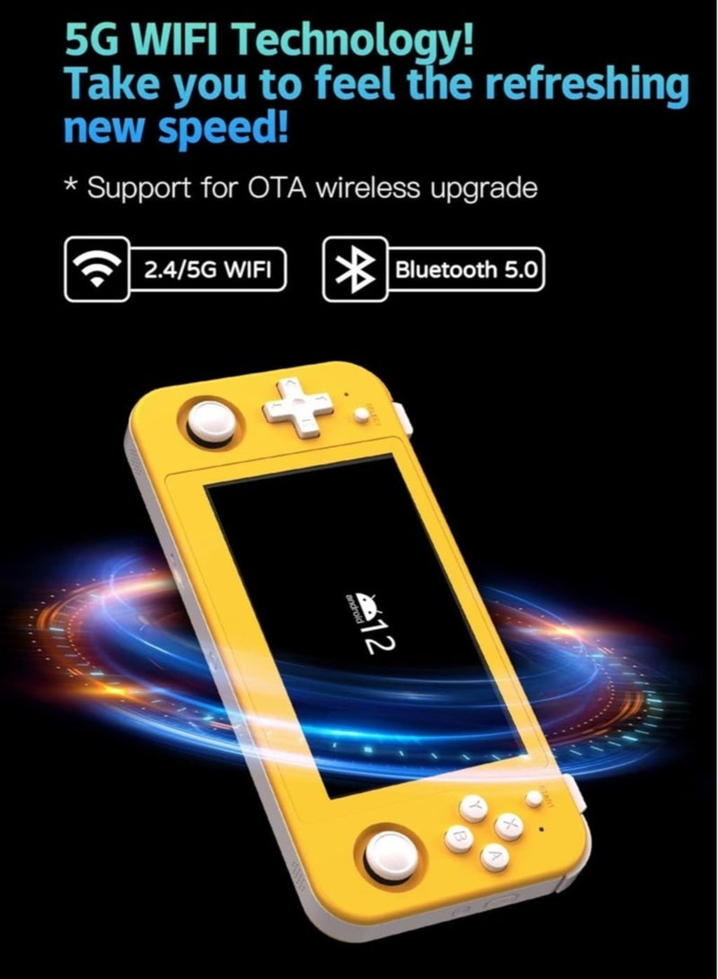 RG505 Retro Game Handheld Game Console with 128GB TF-card Built-in 3000+ Games, 4.95-inch OLED Touch Screen with Android 12 System, Unisoc Tiger T618 and Compatible with Google Play Store (Yellow)