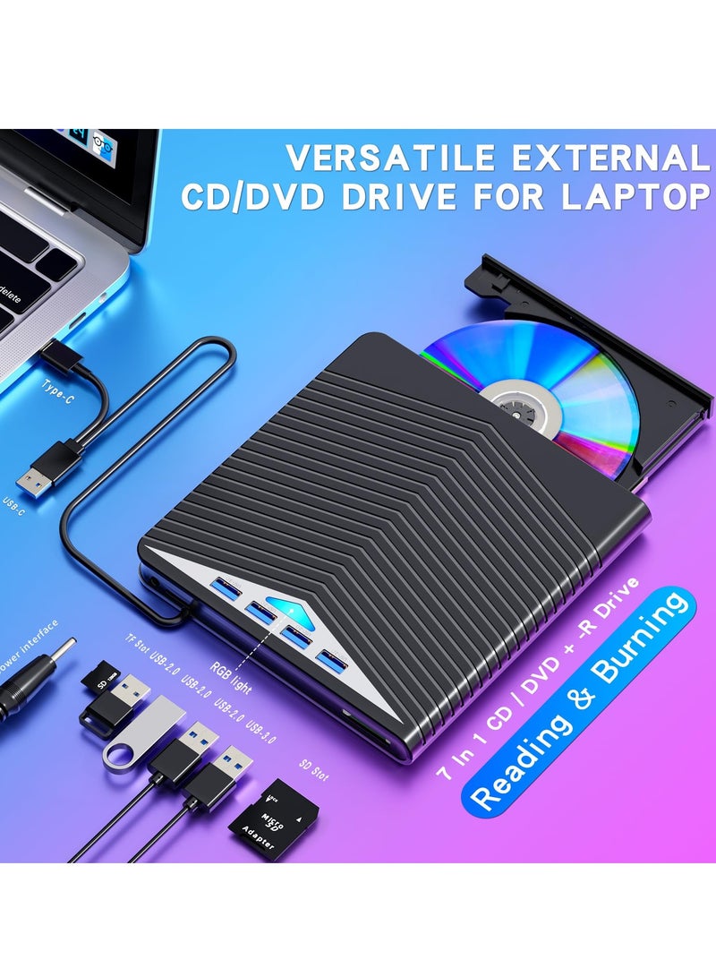 External CD DVD Drive 7 in 1 CD/DVD Burner USB 3.0 with 4 USB Ports and 2 TF/SD Card Slots Optical Disk Drive for Laptop Mac, Compatible with PC Windows /10/8/7 Linux OS