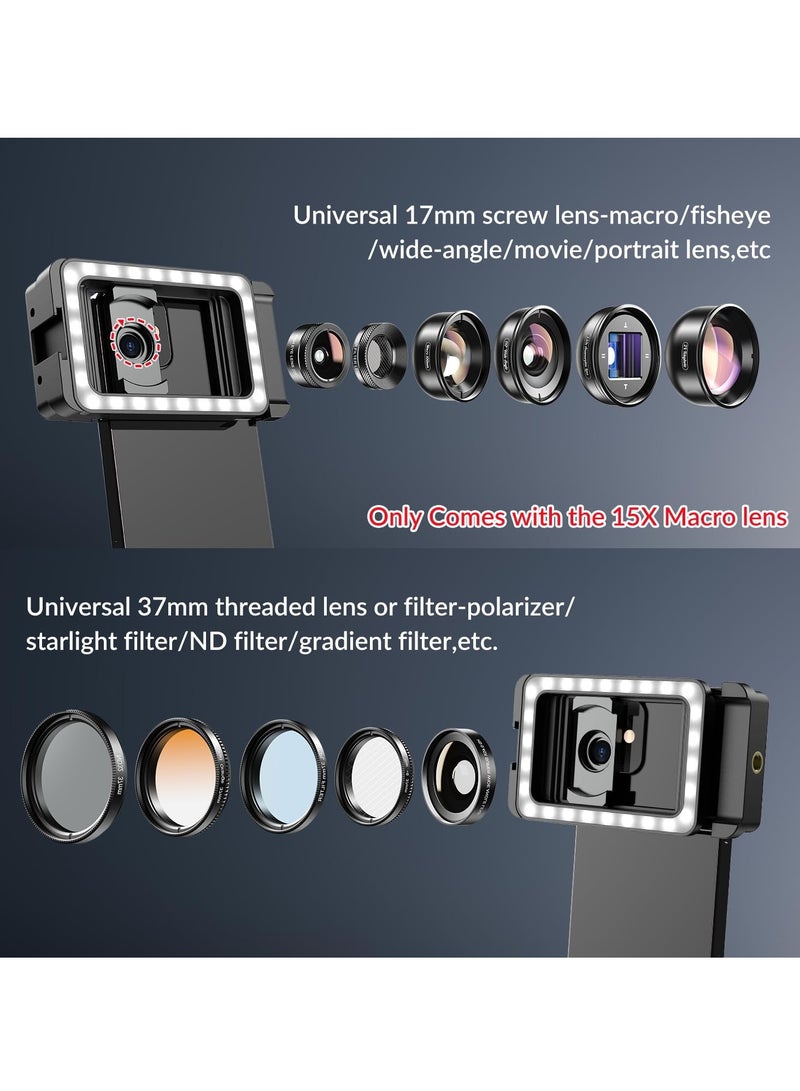 SYOSI 15X Phone Macro Lens with LED Fill Light, 15X Macro Lens + 17mm Thread Lens Adapter, One Piece Lens Phone Adapter for Android/iPhone, Lens Attachments - Fits for Almost All Phone