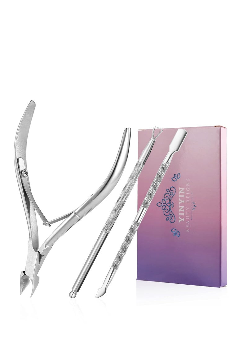 Cuticle Trimmer with Pusher -YINYIN Cuticle Remover Nippers Professional Stainless Steel and Cutter Clippers,Pedicure Manicure Tools for Fingernails Toenails