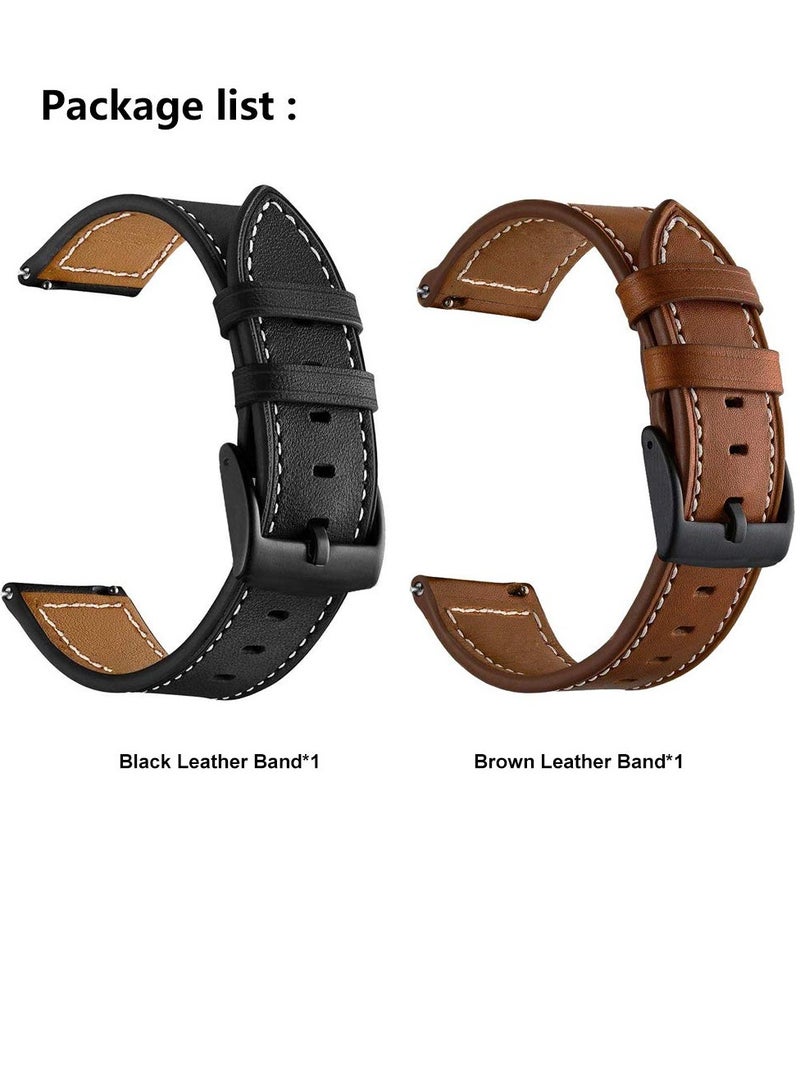 Compatible with Galaxy Watch 45mm/46mm Bands, 2 Pack Genuine Leather 22mm Watch Strap with Black Buckle, Compatible for Gear S3 Frontier Classic Smartwatch Brown+Black