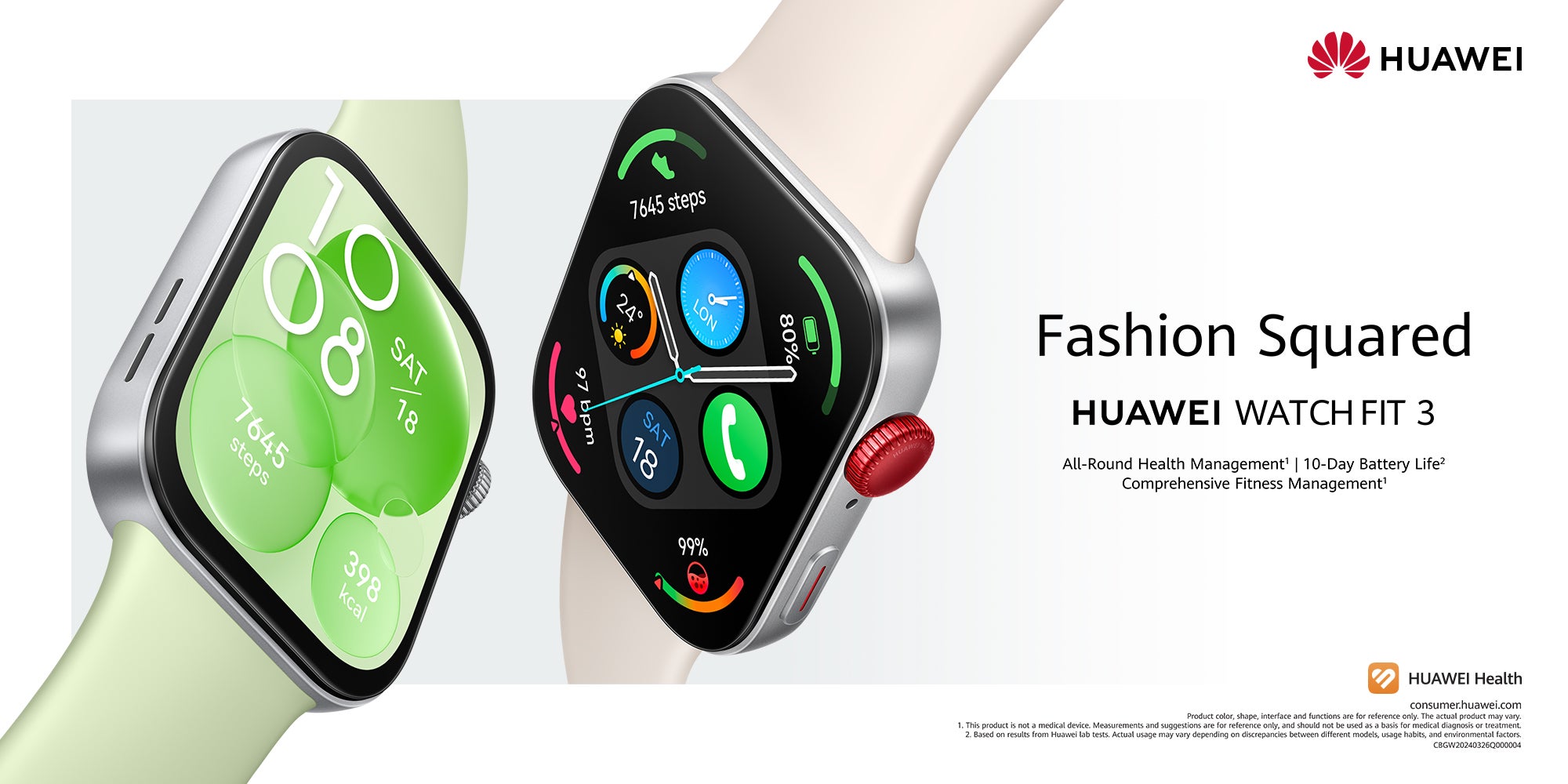 Watch Fit 3 Smartwatch, 1.82 Inch AMOLED Display, Ultra Slim Design, Scientific Workout Coach, Upgraded Health Management, Compatible With iOS And Android + FreeBuds SE 2 Moon White