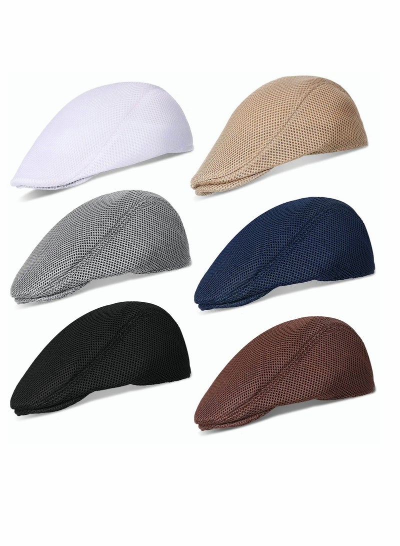 Men's Mesh Flat Cap Breathable Summer Newsboy Hat Cabbie Flat Cap 6 Pieces