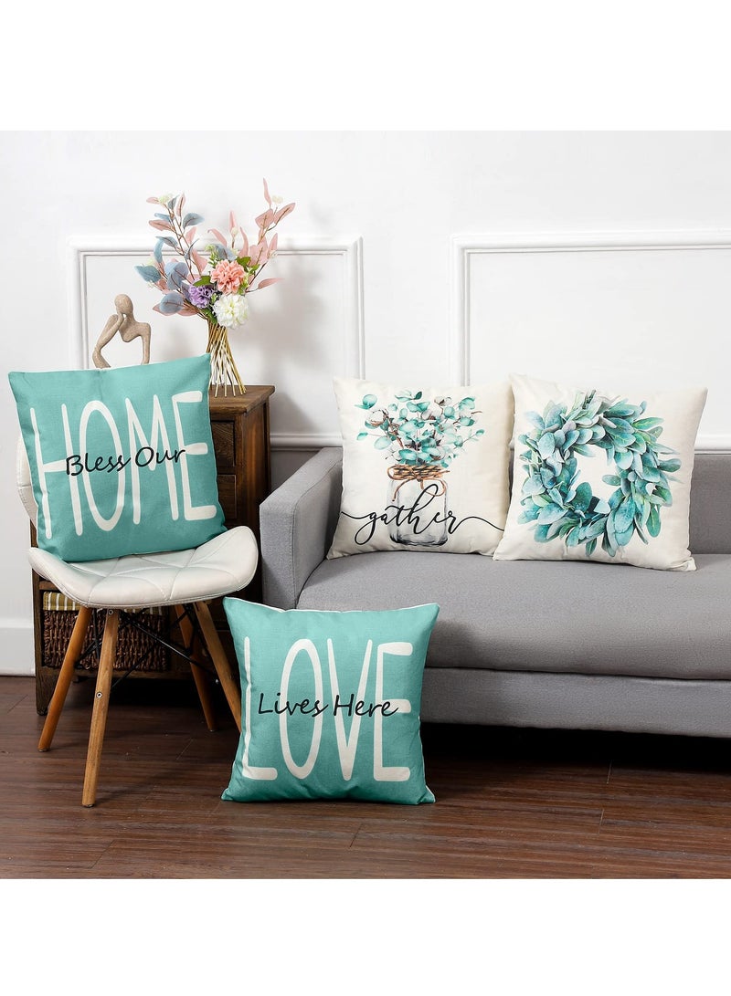 Throw Pillow Covers 18x18 Set of 4 Farmhouse Teal Pillow Covers Cushion Cases Decorative Pillowcases for Sofa Couch Living Room Outdoor Home Decor 45x45cm