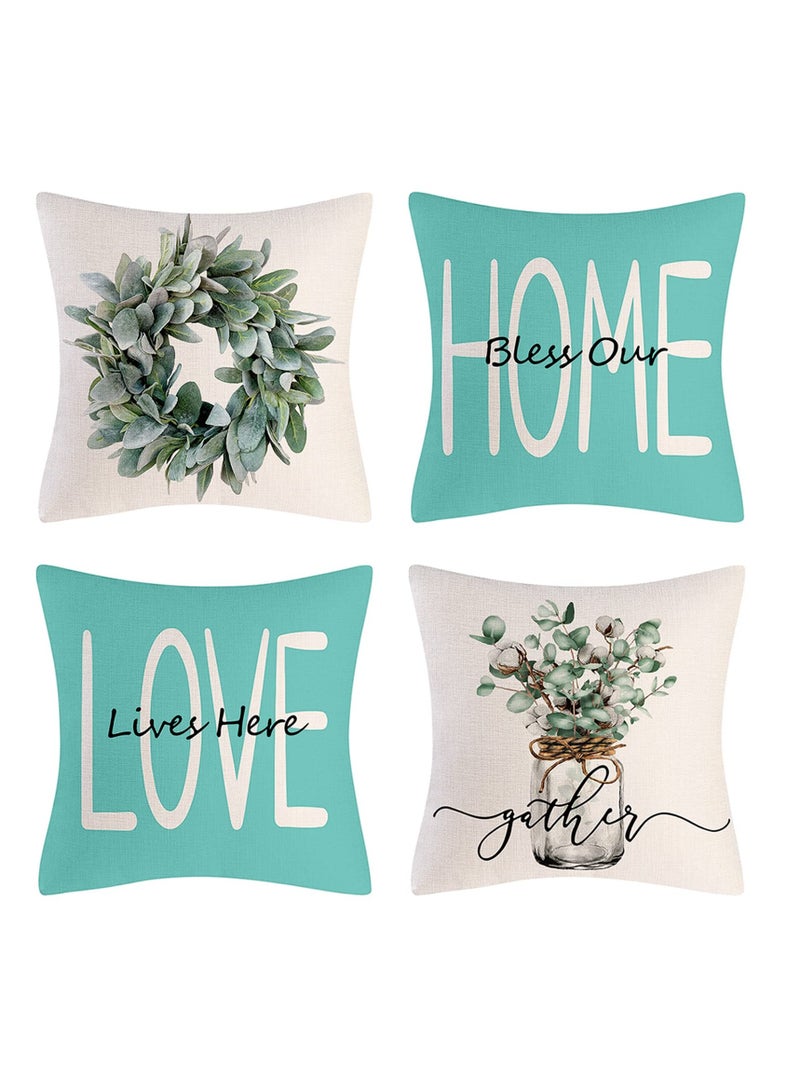 Throw Pillow Covers 18x18 Set of 4 Farmhouse Teal Pillow Covers Cushion Cases Decorative Pillowcases for Sofa Couch Living Room Outdoor Home Decor 45x45cm