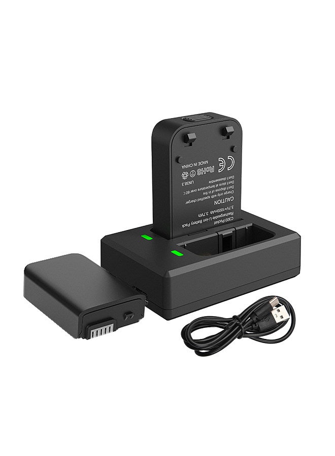 C300 Camera Battery Charger Dual-Slot Charger with LED Indicators Micro USB & Type C Port + 2pcs C300 Pocket Batteries 3.7V 1000mAh Compatible with C300 Sports Camera