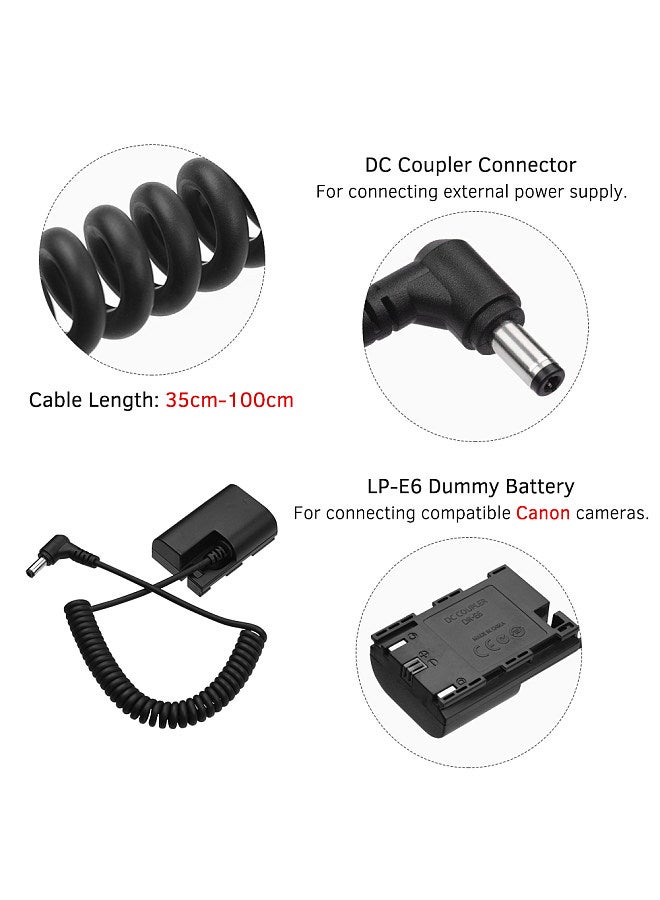 LP-E6 Dummy Battery Pack DC Coupler Connector Spring Cable Battery Replacement for Canon 5D2 5D3 5D4 6D 6D2 60D 7D 7D2 70D 80D 5DSR Cameras