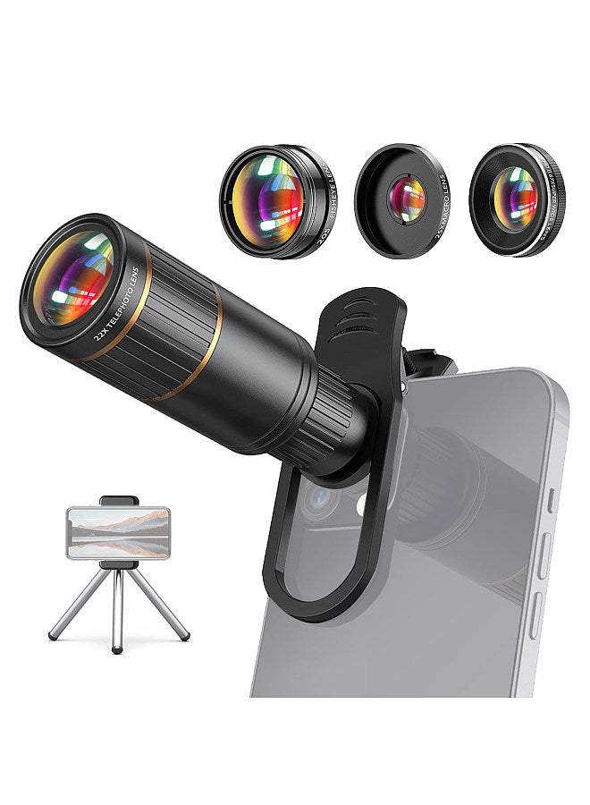 4-in-1 Phone Lens Kit External Phone Camera Lens Set with 22X Telephoto Lens & 205° Fisheye Lens & 4K 0.67X Wide Angle Lens & 25X Macro Lens & Lens Clip & Phone Lip & Mini Tripod Replacement